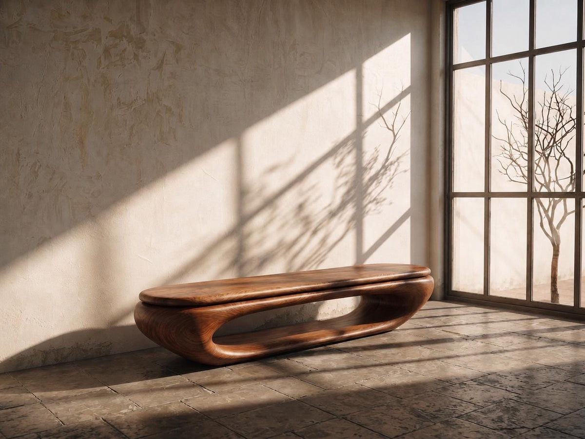 Sculptural walnut bench with flowing organic edges
