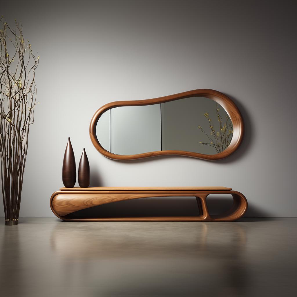 May include: A wooden console table with a unique, curved design. The table has a smooth, natural finish and features a long, narrow top with two open spaces on either side. A large, oval-shaped mirror with a wooden frame hangs above the table.