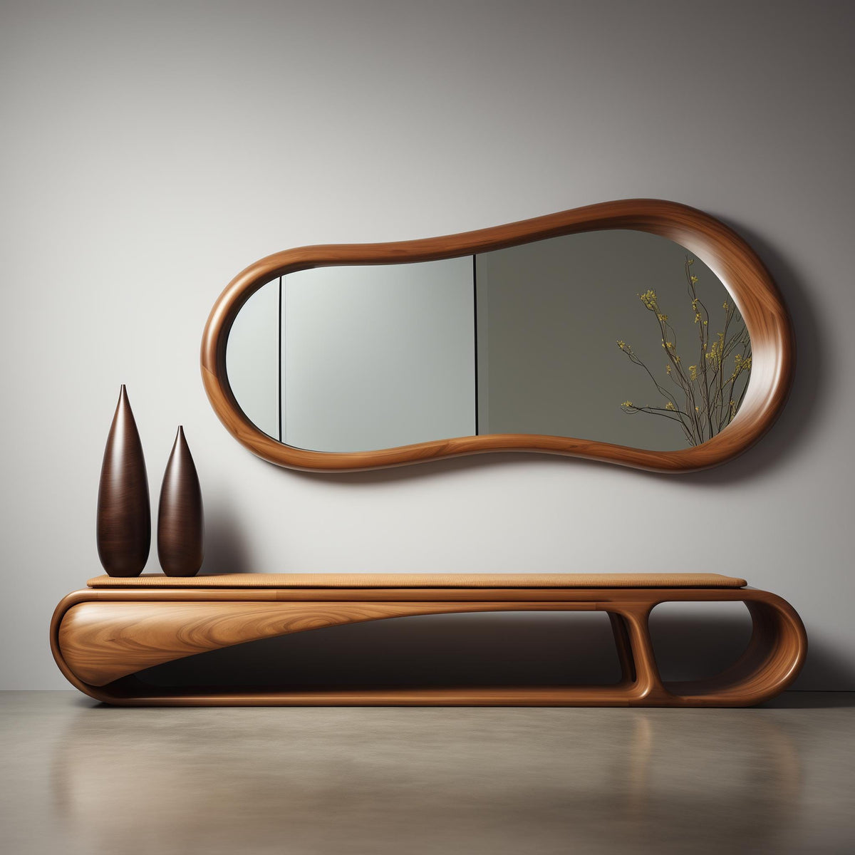 May include: A wooden bench with a curved design and a wavy, organic-shaped mirror above it. Two brown vases are on the bench.