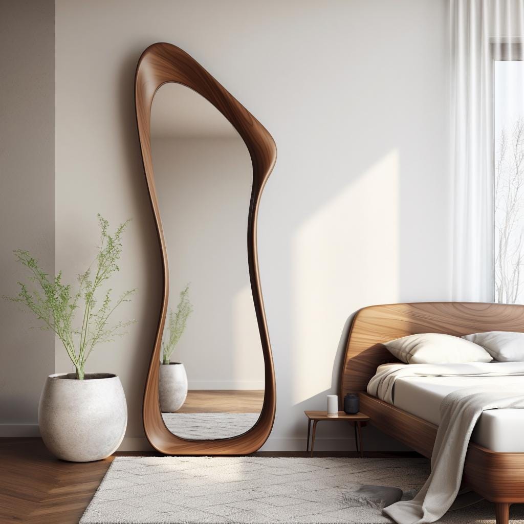 Timberror walnut asymmetrical mirror, Contour design — alternate product view 3