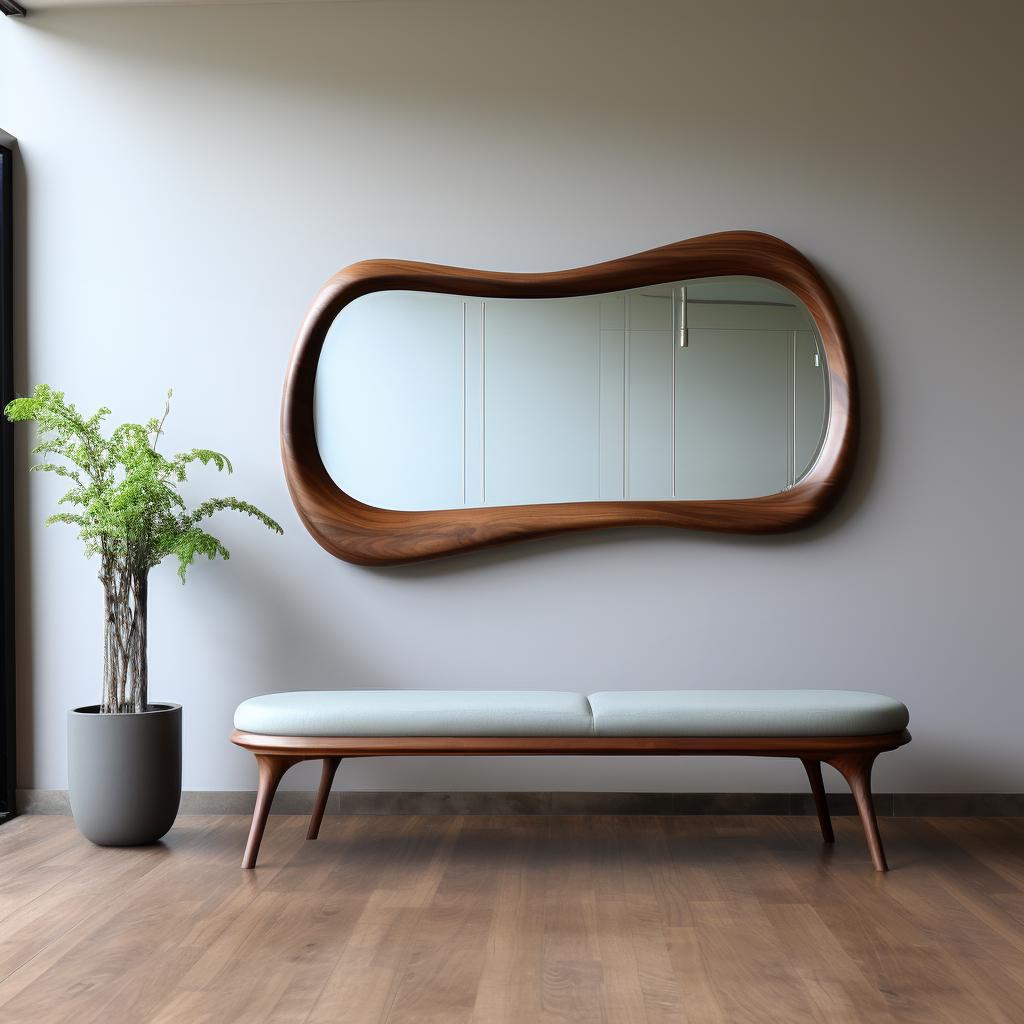 May include: A light-colored wooden bench with a light-colored upholstered seat and curved legs. The bench is in front of a large, wavy, wooden-framed mirror.