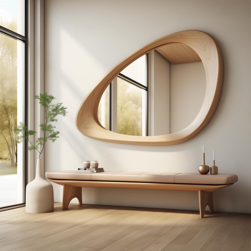 May include: A wooden bench with a light brown cushion sits in front of a large, organic-shaped wooden mirror. The mirror is reflecting a view of trees outside a window.