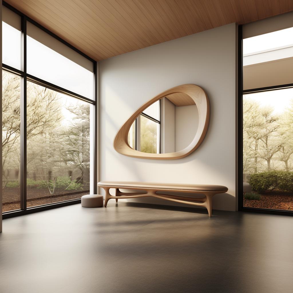 May include: A modern, organic-shaped wooden bench with a light brown cushion sits in a minimalist room with large windows and a unique, oval-shaped wooden mirror on the wall.
