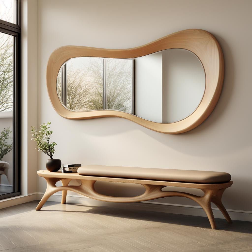 May include: A modern, organic-shaped wooden mirror with a light-colored frame hangs above a matching bench. The bench has a cushioned seat and a unique, flowing design. A small plant in a dark pot sits on the bench, adding a touch of nature to the space.