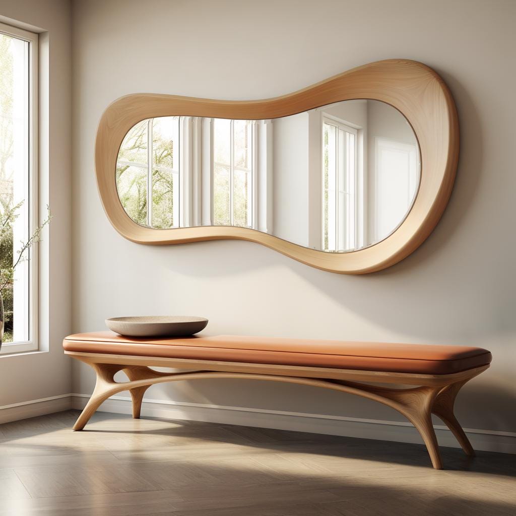 May include: A modern, organic-shaped mirror with a light wood frame hangs above a bench. The bench has a brown leather seat and light wood legs. A small, round, gray bowl sits on the bench.