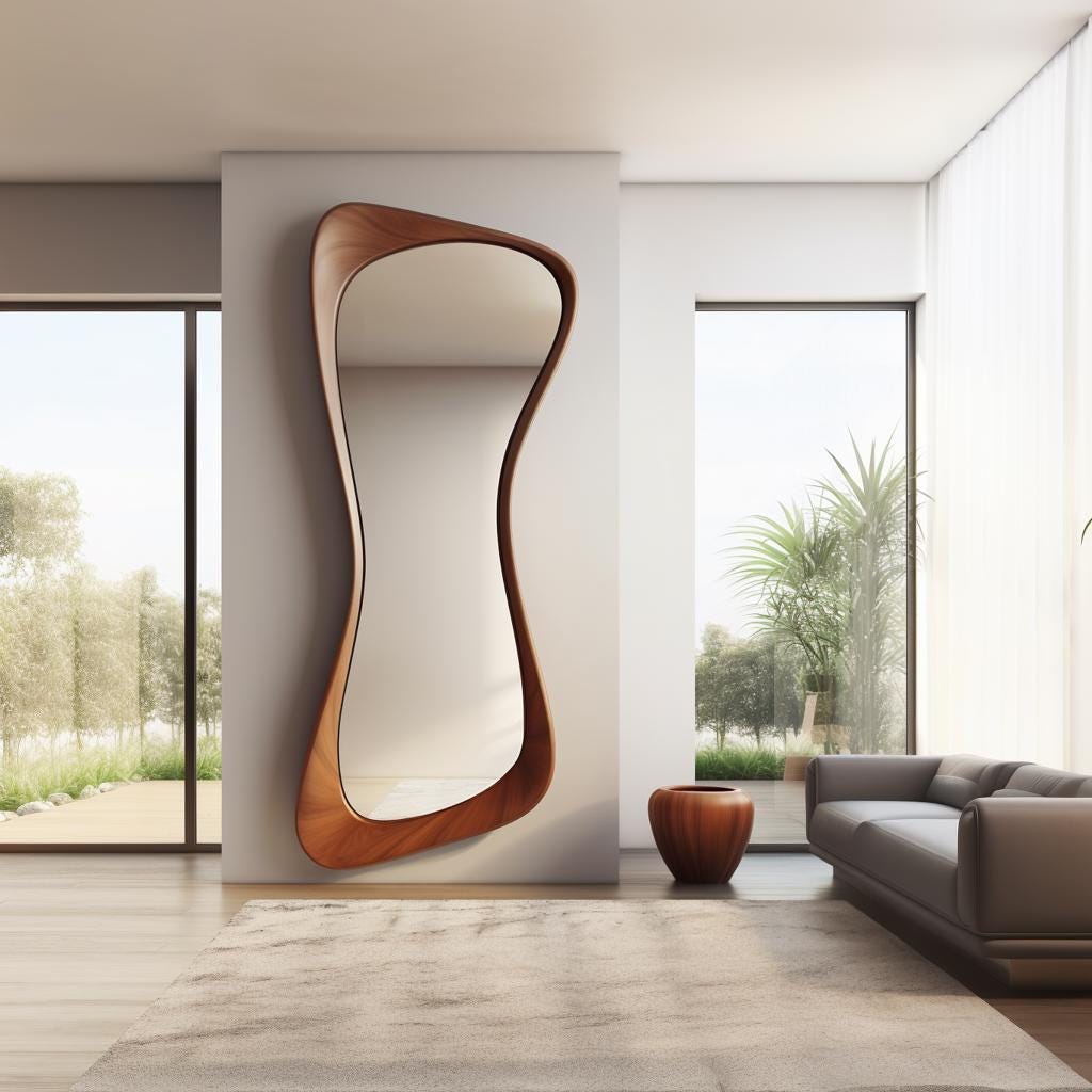 May include: A large, free-form, wooden framed mirror with a wavy, organic shape. The mirror is hanging on a white wall in a modern living room.