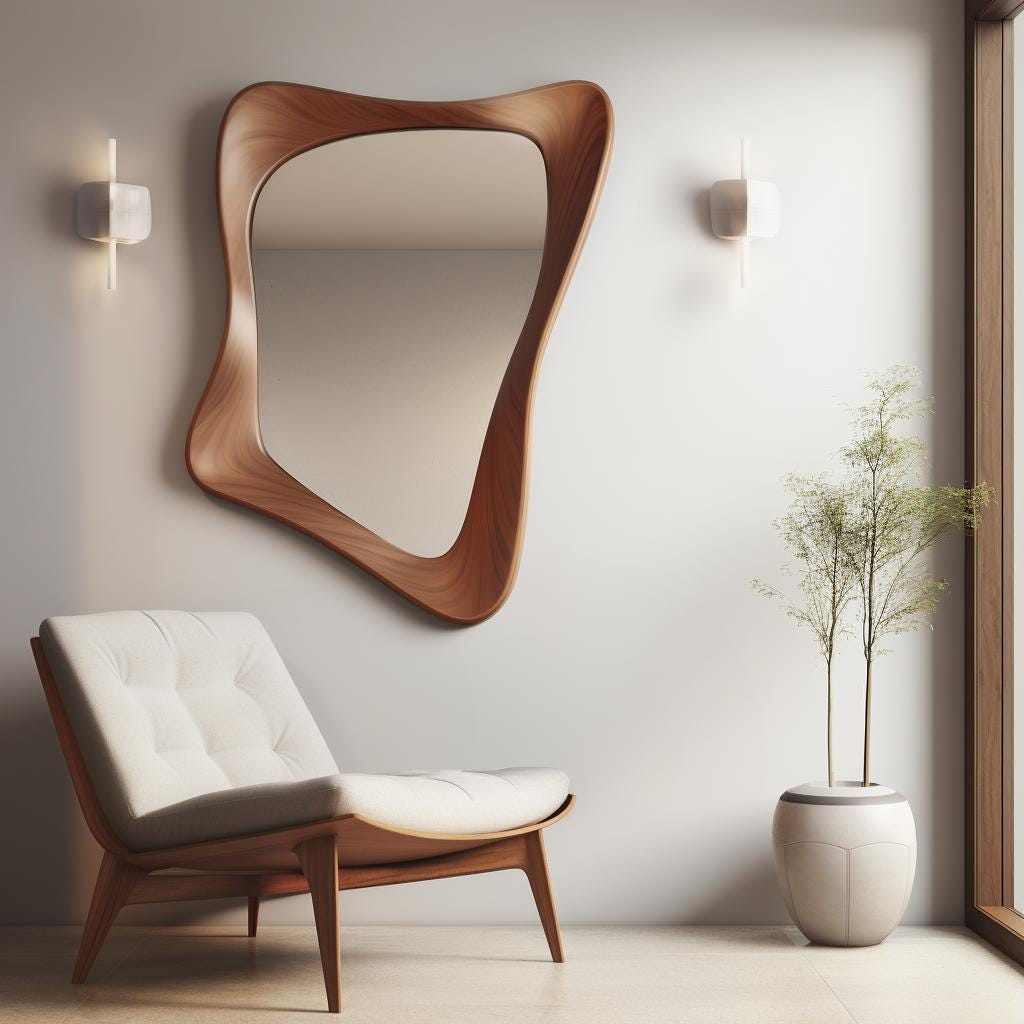 May include: A white armchair with a wooden frame and a curved, wooden, abstract mirror on a white wall. A potted plant with green leaves is in the corner of the room.
