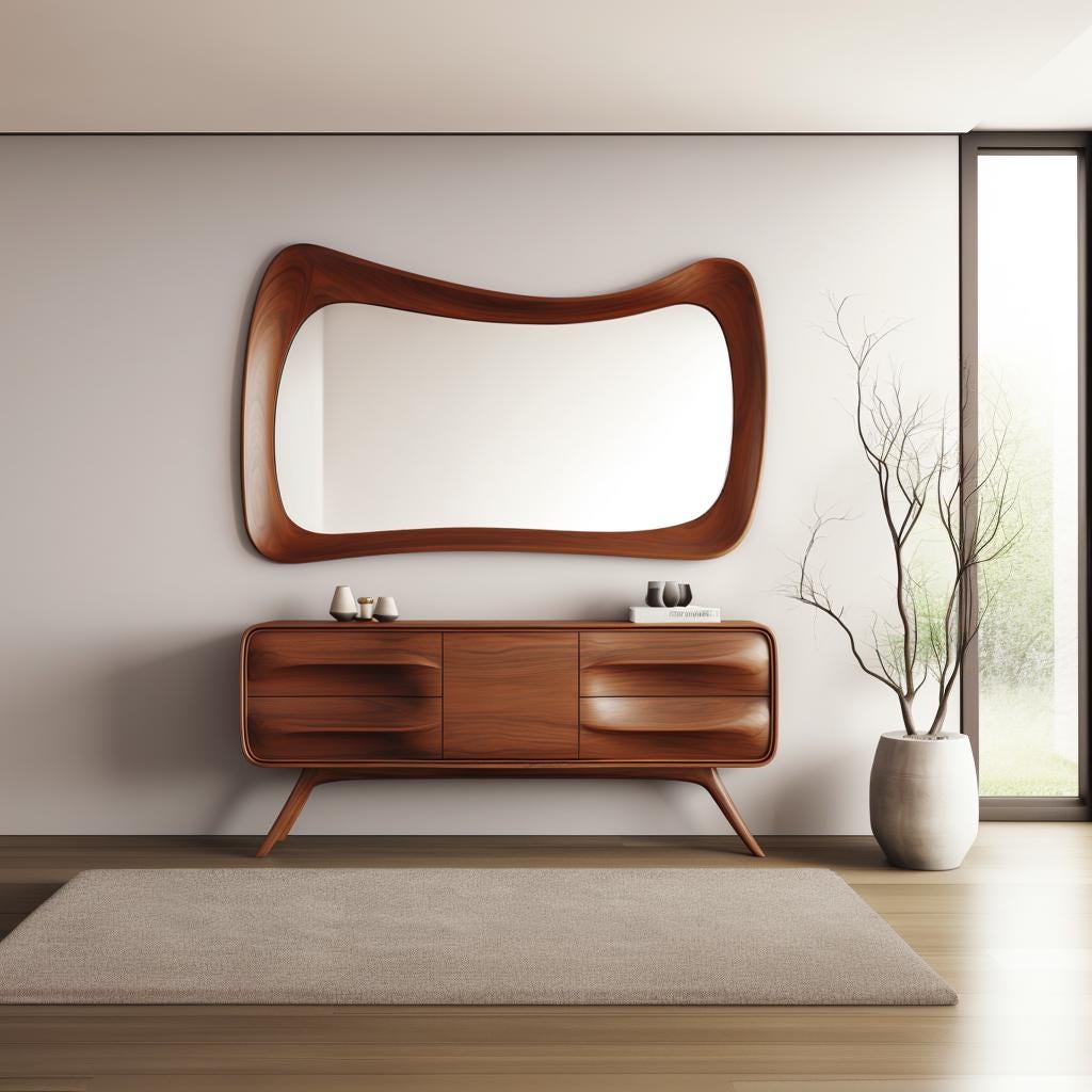 May include: A mid-century modern style dresser with a wavy wood design and a large, wavy mirror above it. The dresser has three drawers and sits on four legs. The mirror is framed in wood and has a reflective surface.
