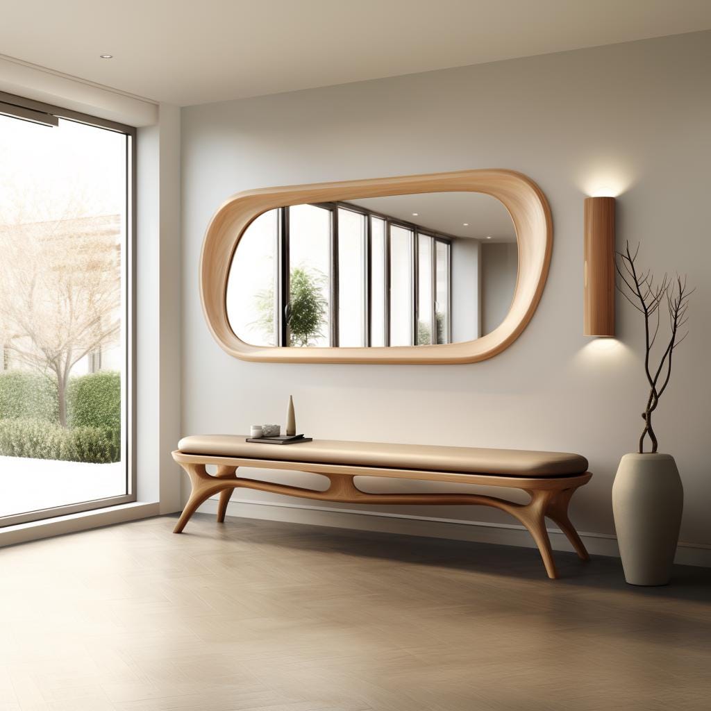 May include: A light wood bench with a curved, organic design and a beige cushion. The bench is in front of a large, oval mirror with a wood frame. A wall-mounted light fixture is on the right side of the mirror.