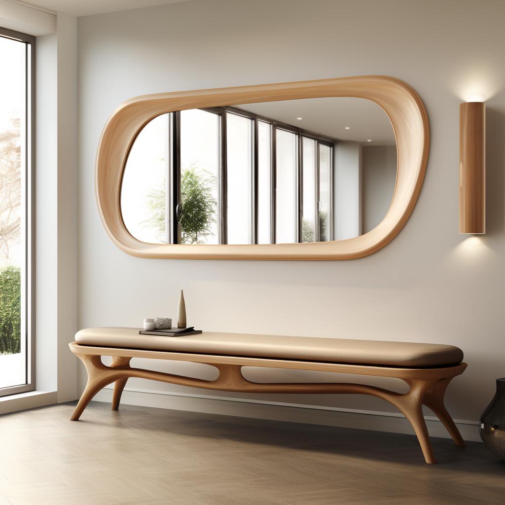 May include: A wooden bench with a curved, organic design and a light brown cushion. The bench is in front of a large, oval-shaped mirror with a wooden frame.