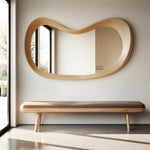May include: A modern, light wood-framed mirror with an organic, flowing shape hangs above a matching bench. The bench has a brown upholstered seat and tapered legs. The mirror and bench are against a white wall.
