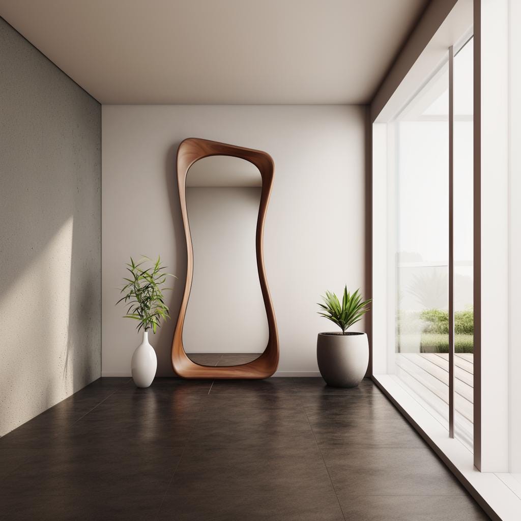 May include: A modern, wooden, free-form mirror with a wavy design. The mirror is standing in a room with a light brown floor, a white wall, and a large window with a view of a green lawn.