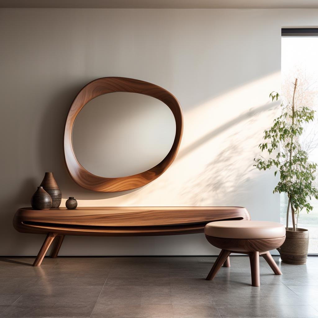 May include: A wooden console table with a unique curved design and three legs. The table has a light brown finish and a mirror above it. A small stool with a light brown wooden base and a beige cushion is in front of the table.