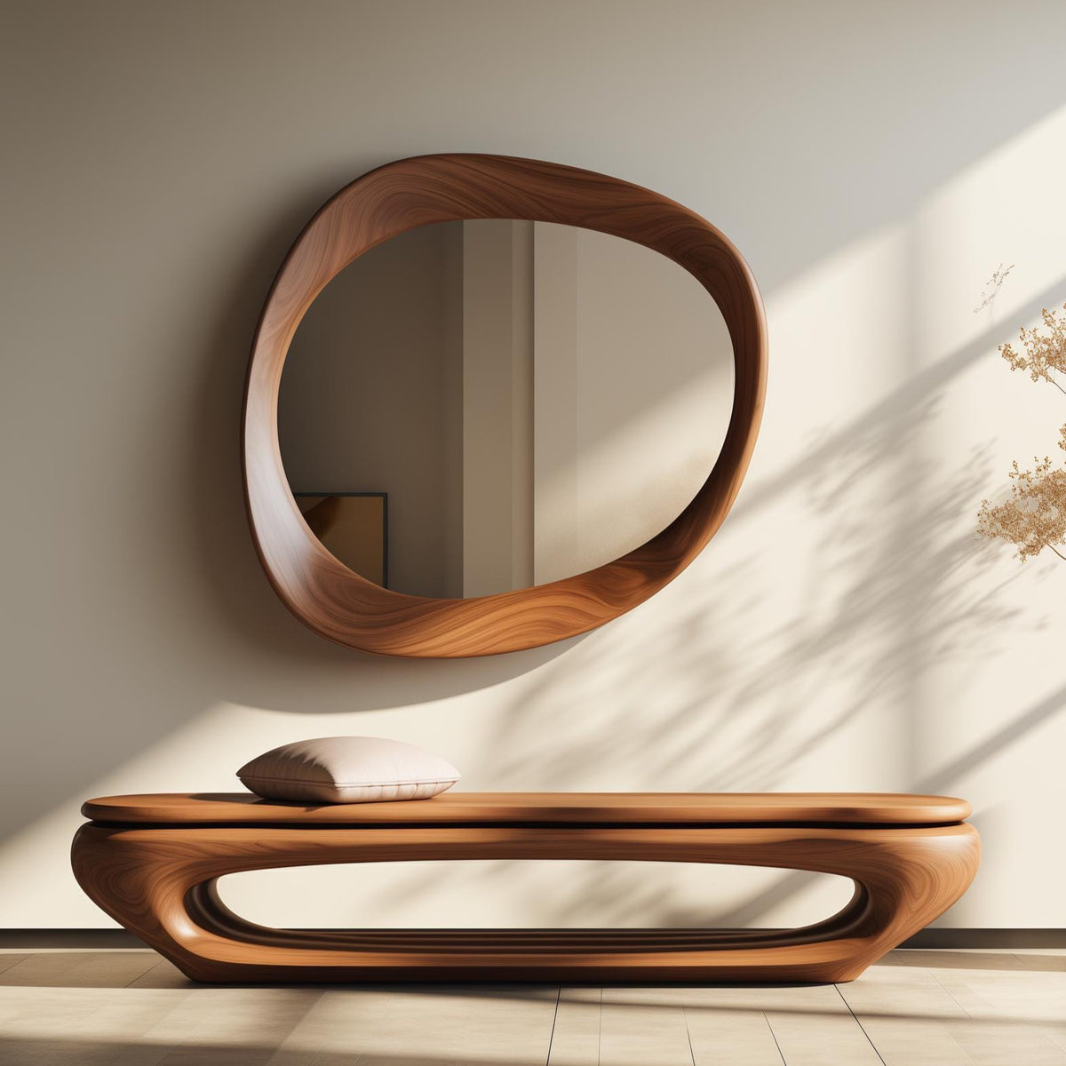 May include: A wooden bench with a curved design and a cushion. The bench is in front of a wall with a large, oval-shaped mirror with a wooden frame.