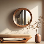 May include: A wooden bench with a curved design and a beige cushion sits in front of a round wooden mirror with a reflection of a window with vertical blinds. A dried branch with brown leaves is in a copper vase.