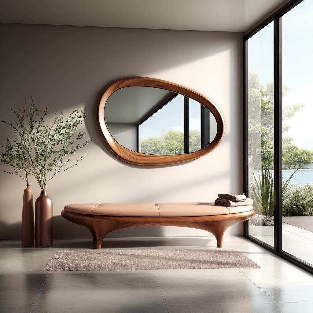 May include: A light pink, curved bench with wooden legs and a wooden frame. The bench is in front of a large, oval-shaped wooden mirror with a reflective surface. The mirror is hanging on a white wall. There are two tall vases with green branches in them on the left side of the image.