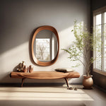May include: A wooden bench with a curved design and a natural wood finish. The bench is placed in front of a large oval mirror with a wooden frame. There are three decorative vases on the bench, and a potted plant in the corner of the room.