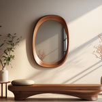 May include: A wooden bench with a curved design and a cushioned seat. A large oval mirror with a wooden frame hangs on the wall behind the bench.
