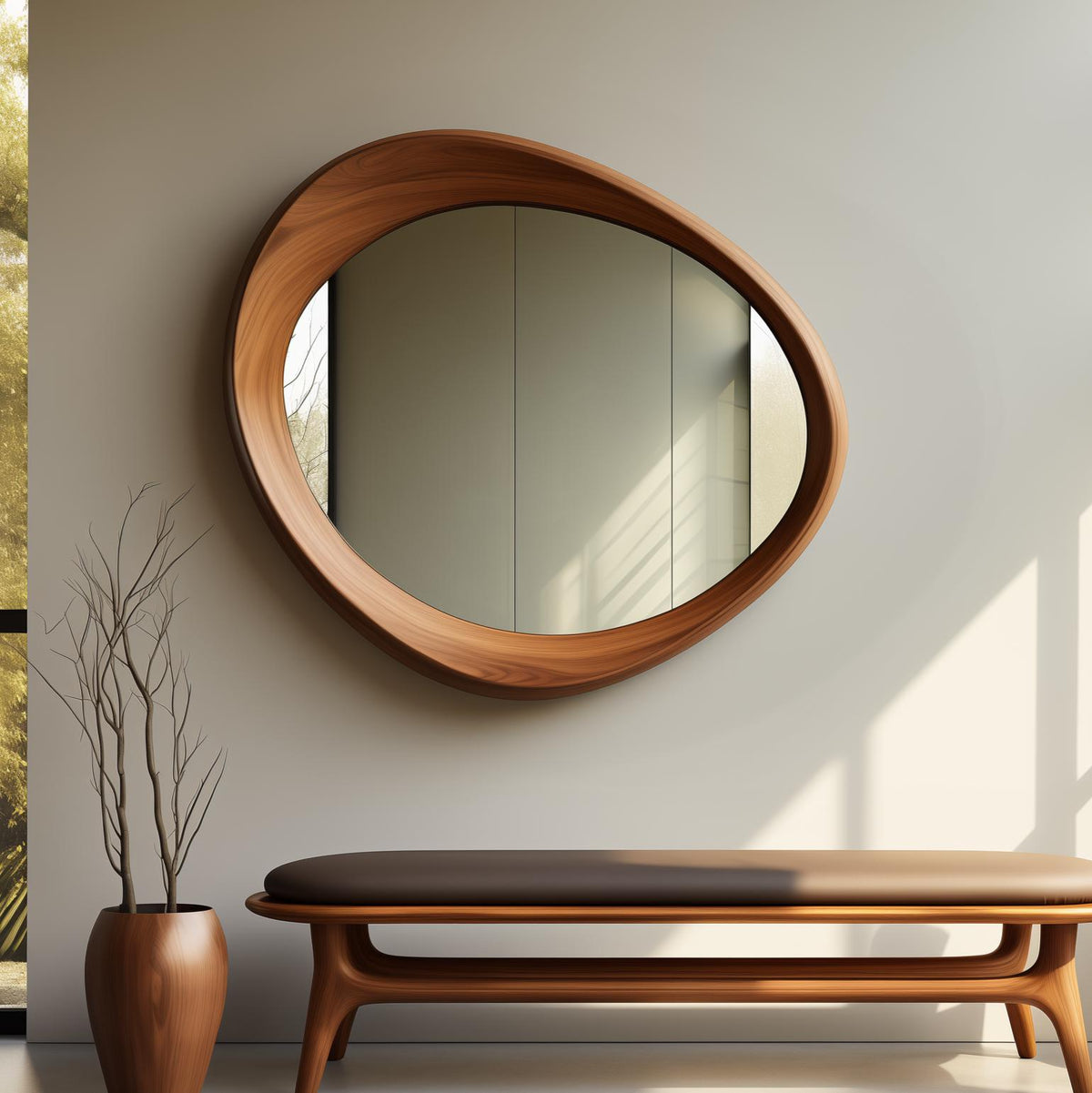Timberror walnut asymmetrical mirror, Crescent design