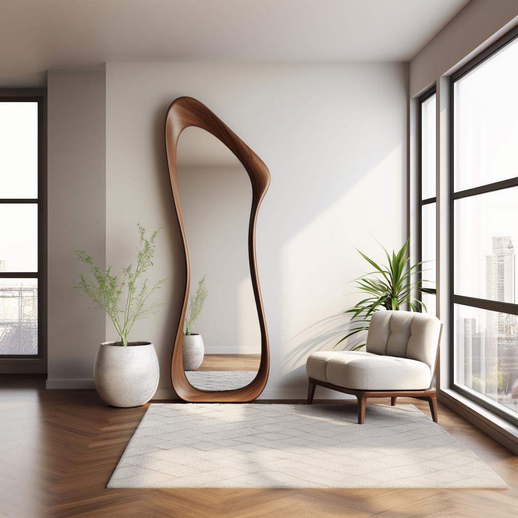 Timberror walnut asymmetrical mirror, Contour design — alternate product view 2