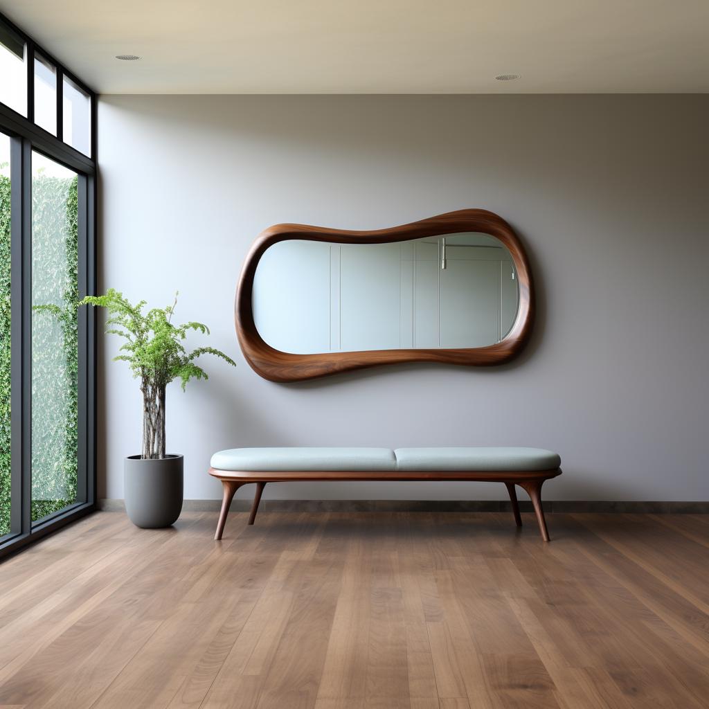 May include: A light gray upholstered bench with wooden legs sits in front of a large, wavy, wooden framed mirror. The mirror is hanging on a light gray wall. A potted plant is in the corner of the room.