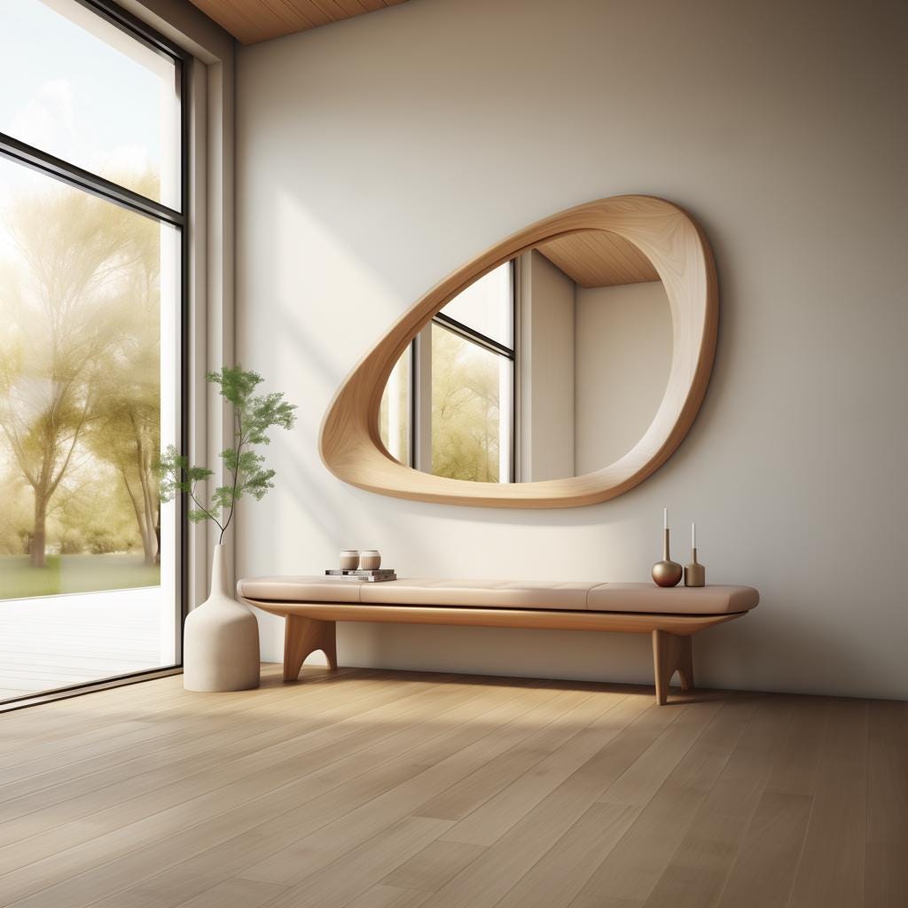 May include: A modern, organic-shaped wooden mirror hangs above a wooden bench with a light brown cushion. The mirror reflects a view of a window with trees outside.