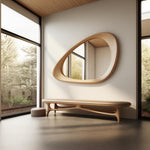May include: A modern wooden bench with a unique organic shape and a large, oval-shaped mirror with a wooden frame hanging on a white wall.