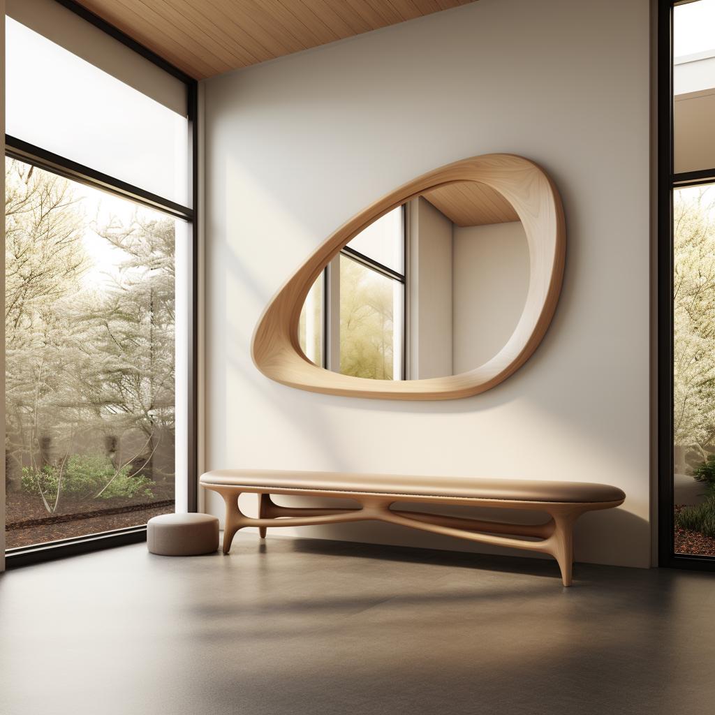 May include: A modern wooden bench with a unique organic shape and a large, oval-shaped mirror with a wooden frame hanging on a white wall.