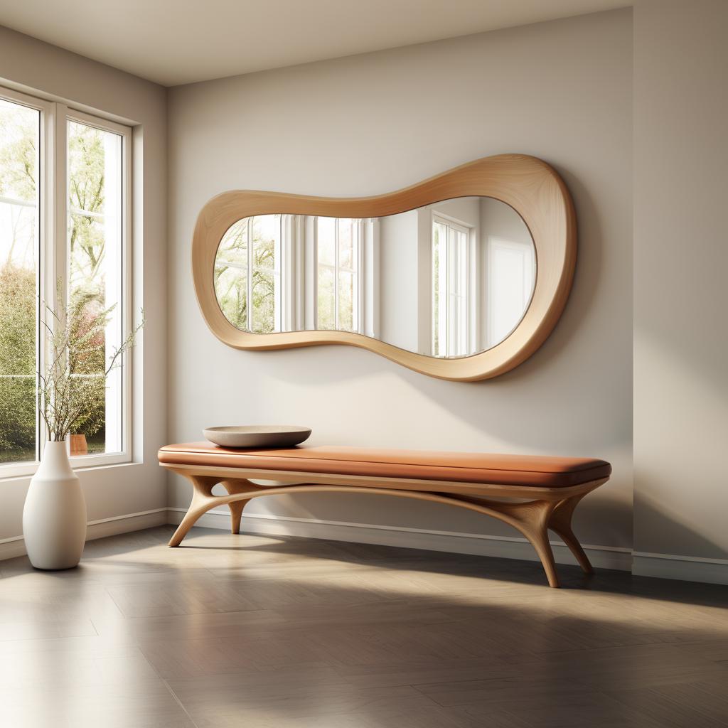 May include: A modern interior scene featuring a large, organically shaped wooden mirror mounted on a neutral wall. Below, a wooden bench with a tan leather seat and curved legs complements the mirror. A vase with decorative branches sits near a window.