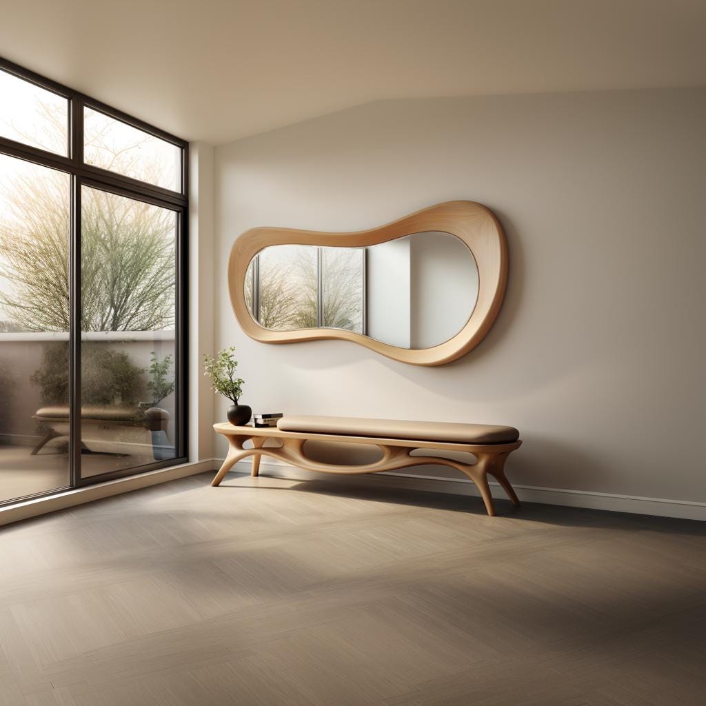 May include: A modern interior scene featuring a wooden bench with a light-colored cushion, a unique, organically shaped wooden mirror, and a small potted plant. The room has large windows and light-colored wood flooring.