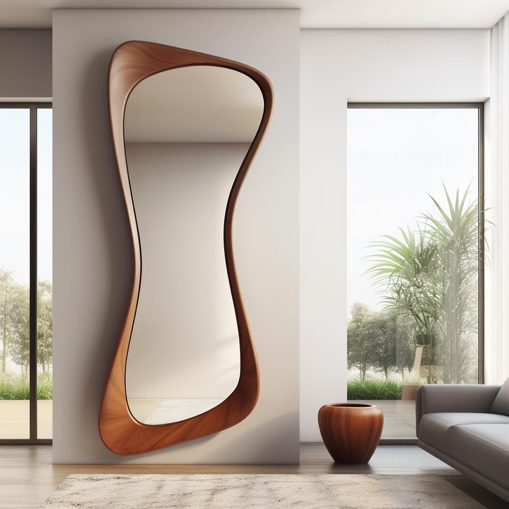 May include: A large, free-form, wooden framed mirror with a wavy, organic shape. The mirror is hanging on a white wall in a modern interior.