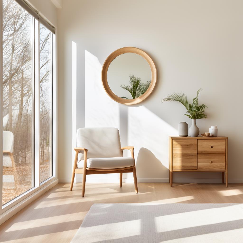 May include: A white armchair with wooden legs sits in a sunlit room with a large round mirror and a wooden dresser with two drawers. 