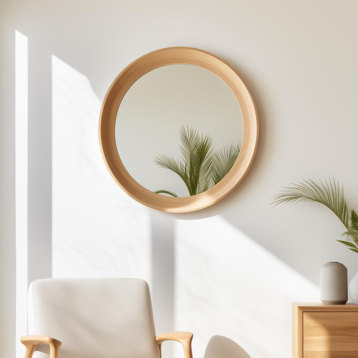 May include: A round wooden framed mirror with a natural wood finish. The mirror is hanging on a white wall with a plant reflected in the glass.