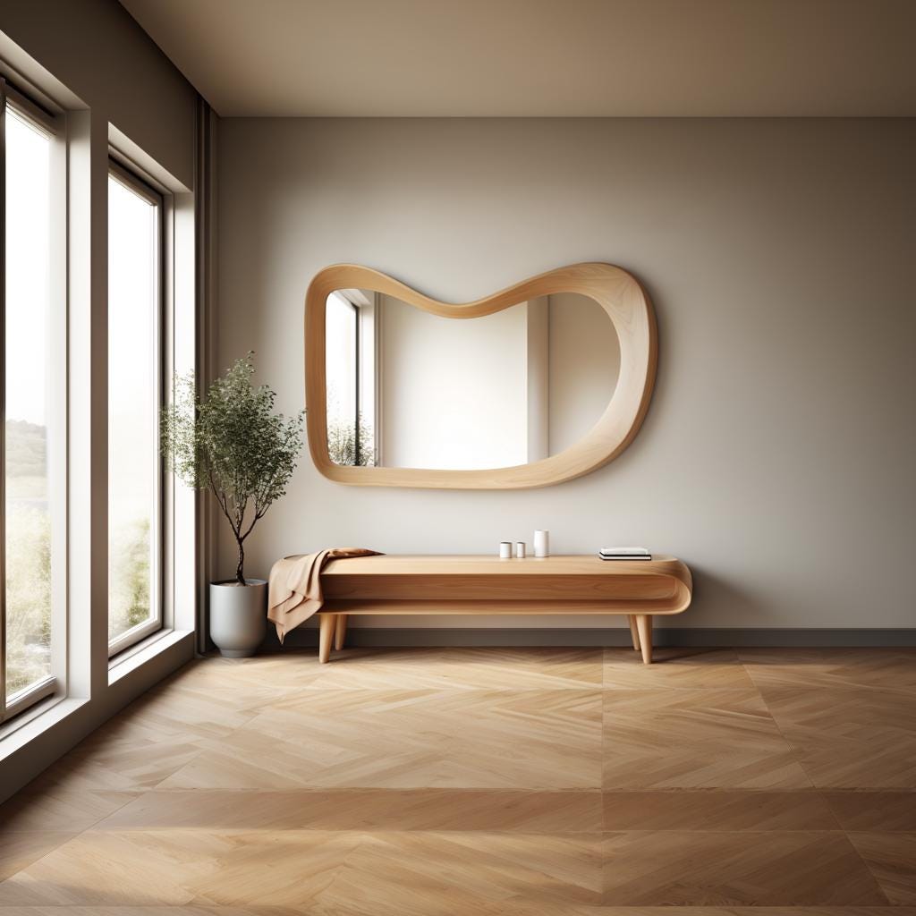 May include: A wooden bench with a curved design and a wavy mirror above it. The bench has a shelf and is sitting on a light wood floor.