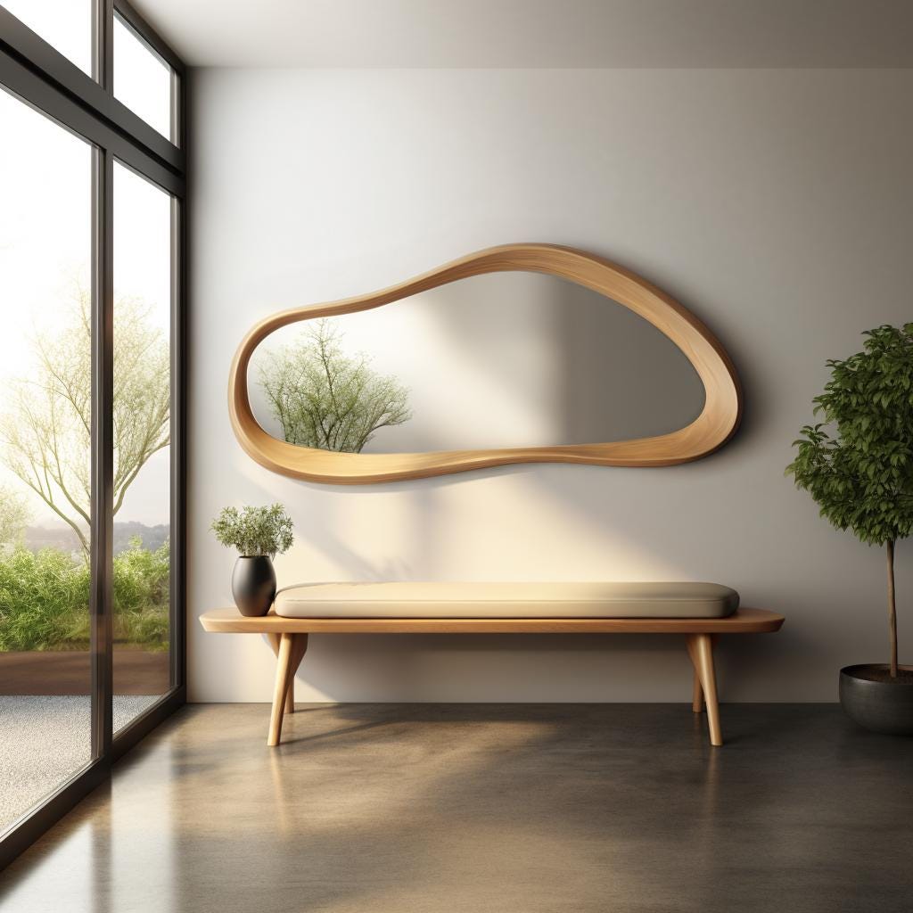 May include: A wooden bench with a beige cushion sits in front of a large, organic-shaped mirror with a wooden frame. A small potted plant sits on the floor to the right of the bench.