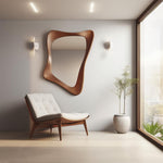 May include: A white armchair with a wooden frame and a unique, organic-shaped wooden mirror hanging on the wall behind it. A potted plant sits on the floor next to a window.