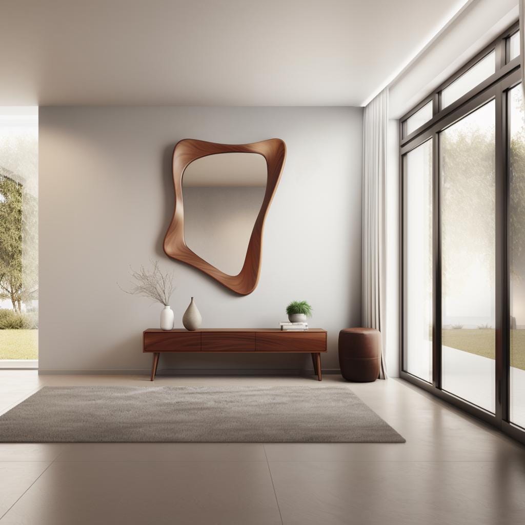 May include: A modern, wooden console table with a unique, organic-shaped mirror above it. The table has a light wood finish and features four drawers. The mirror is made of wood and has a natural, organic shape. The console table is set against a white wall and there is a small potted plant on top of the table.