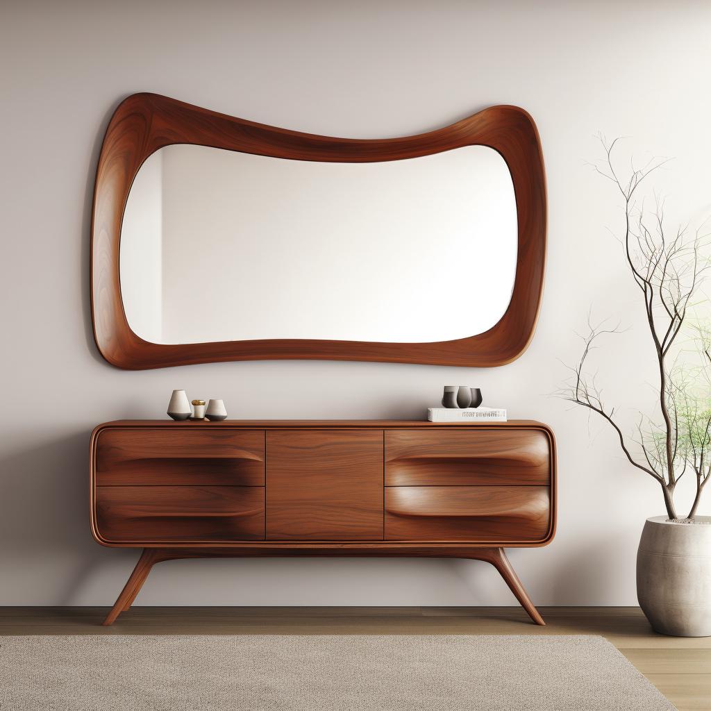 May include: A mid-century modern wooden dresser with a wavy design and three drawers. The dresser has a curved, wooden frame mirror above it.