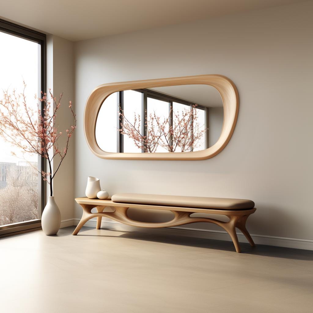 May include: A light wood bench with a curved, organic design and a beige cushion. The bench is in front of a large, oval-shaped mirror with a light wood frame. The mirror reflects a room with a window and a flowering tree.