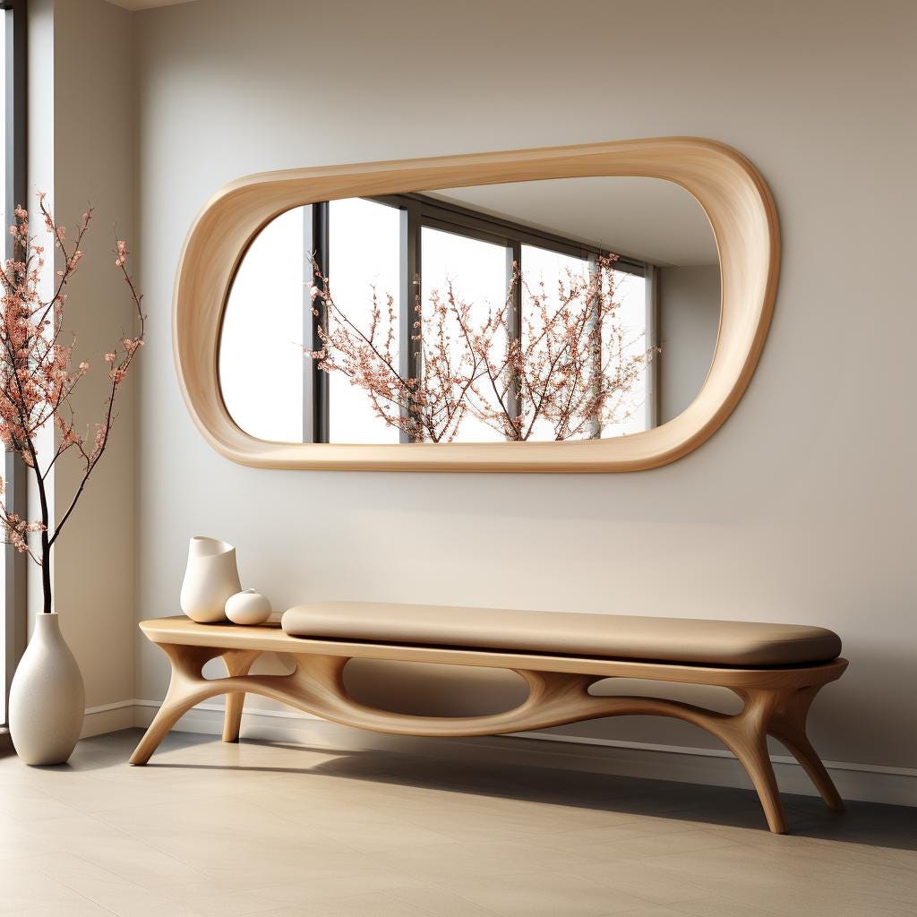 May include: A light wood bench with a curved, organic design and a beige cushion. The bench is in front of a large, oval mirror with a light wood frame.