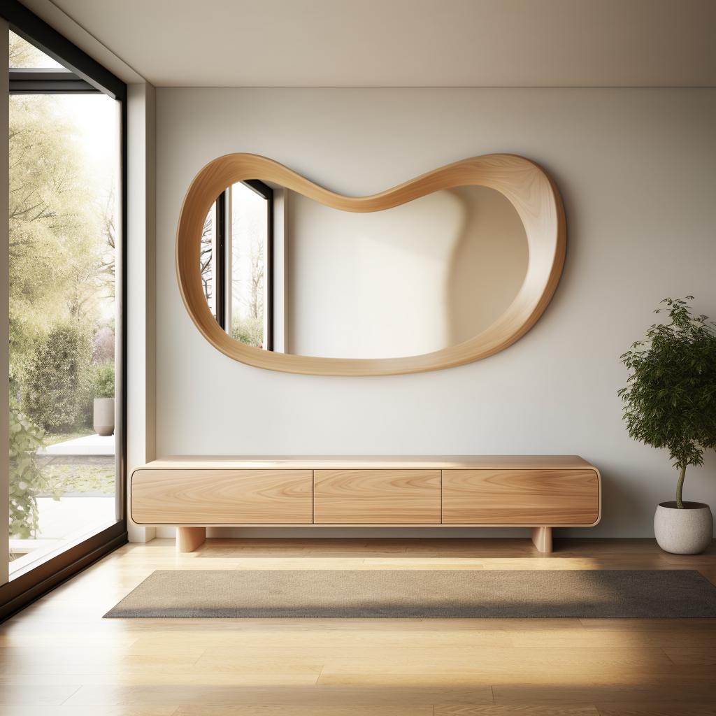 May include: A modern interior featuring a large, uniquely shaped wooden mirror with a light wood frame. Below the mirror is a matching wooden cabinet with three drawers. A small potted plant sits to the right, and a window is on the left.