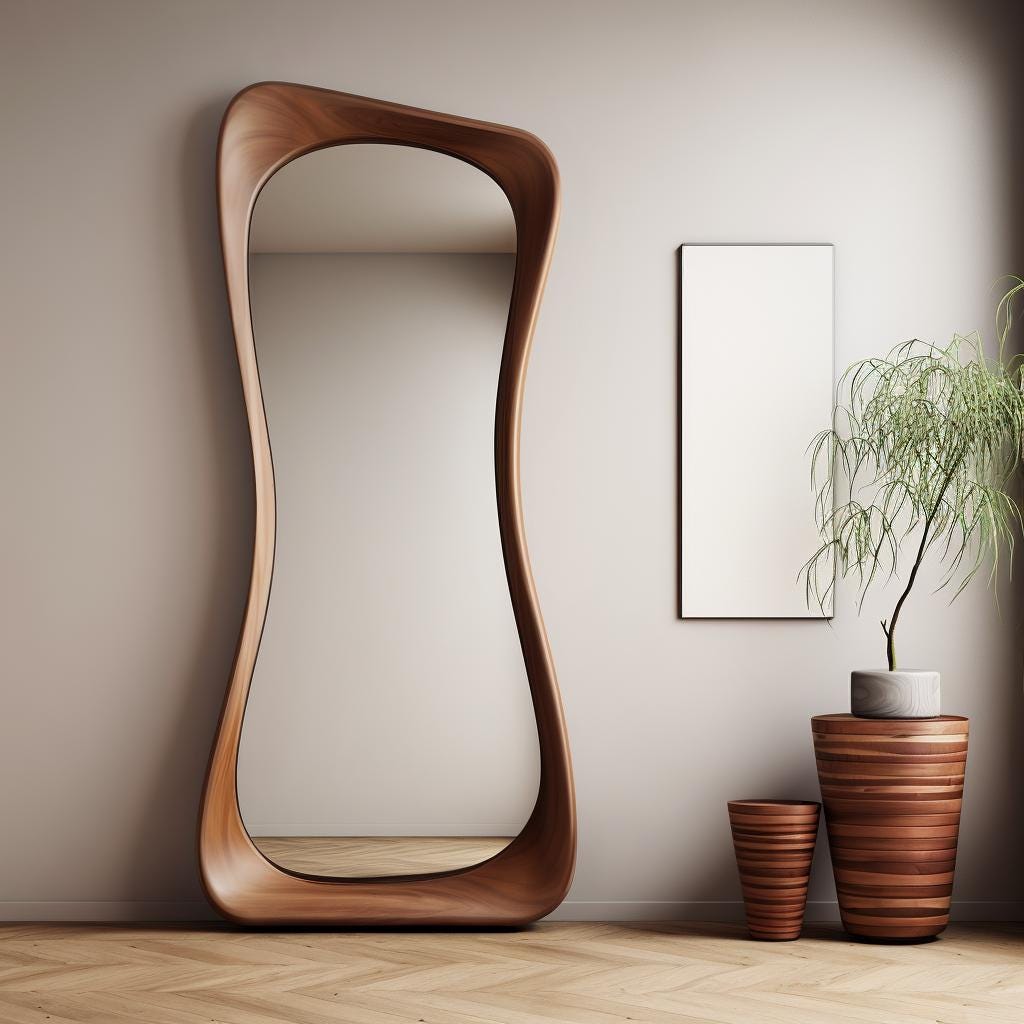 May include: A large, free-form wooden mirror with a wavy, organic shape. The mirror is standing on a wooden floor in front of a white wall. There is a smaller rectangular mirror and two wooden plant stands with potted plants on the right side of the image.