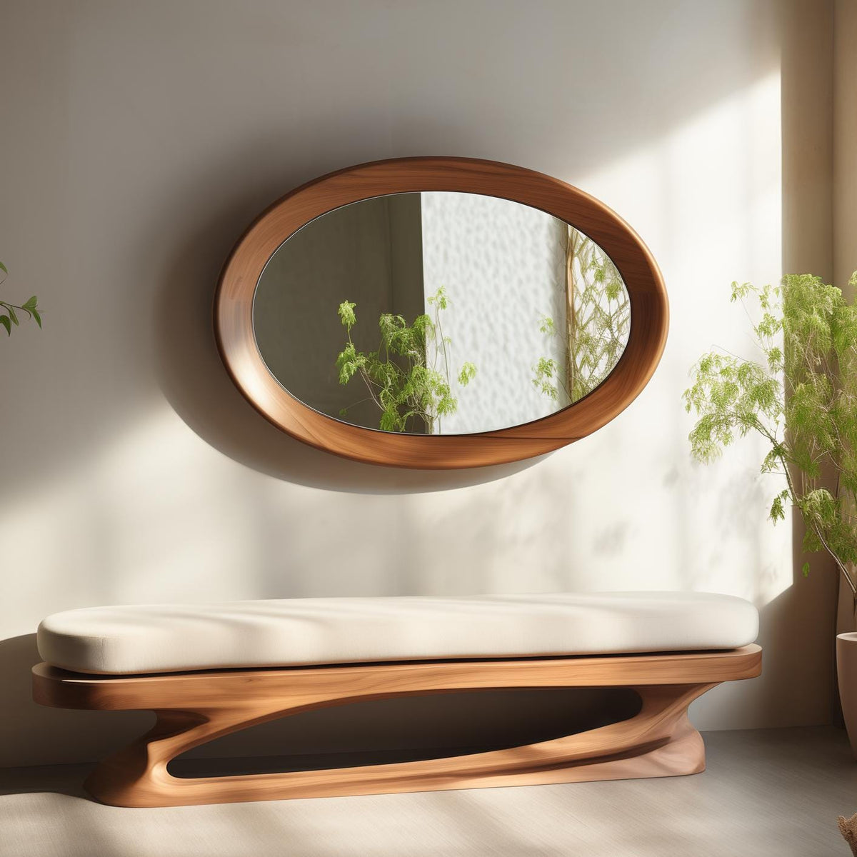 May include: A wooden bench with a white cushion and a large oval mirror with a wooden frame hanging on the wall behind it.