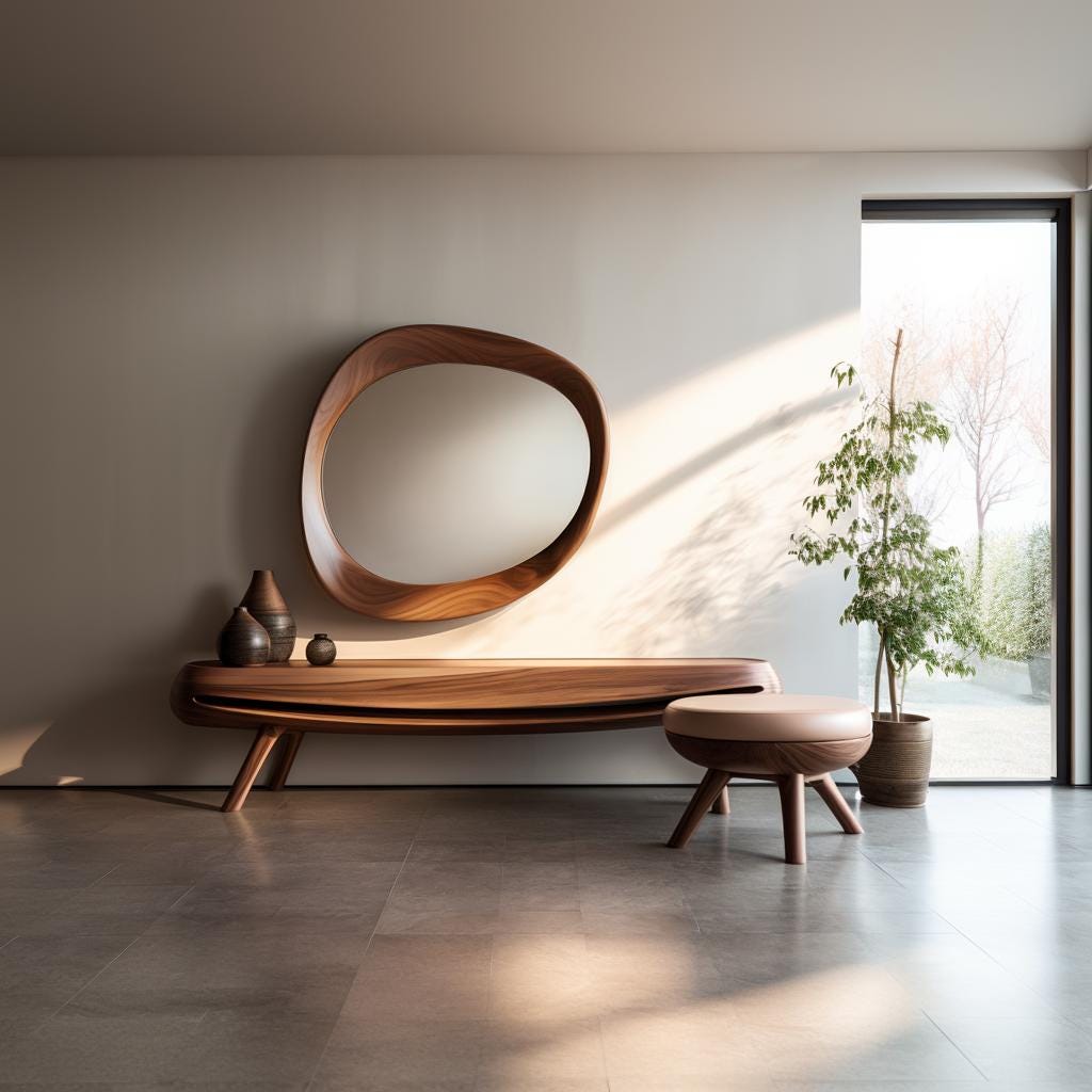 May include: A wooden console table with a unique, organic shape and a large, oval mirror above it. The table has a light wood finish and is supported by two legs on each side. A small, round ottoman with a light-colored cushion sits in front of the table. The room has a minimalist design with a white wall and a large window.