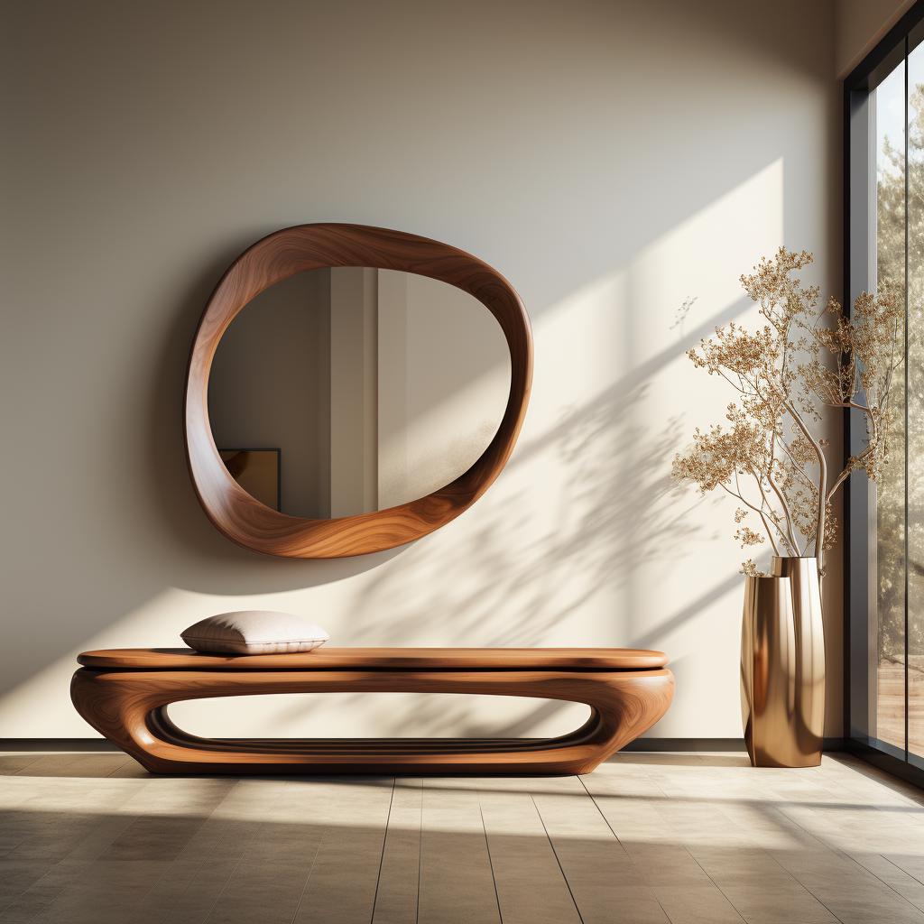 May include: A wooden bench with a unique, organic shape and a cushion. The bench is in front of a large, oval-shaped wooden mirror with a natural wood finish. A gold vase with dried branches is in the background.