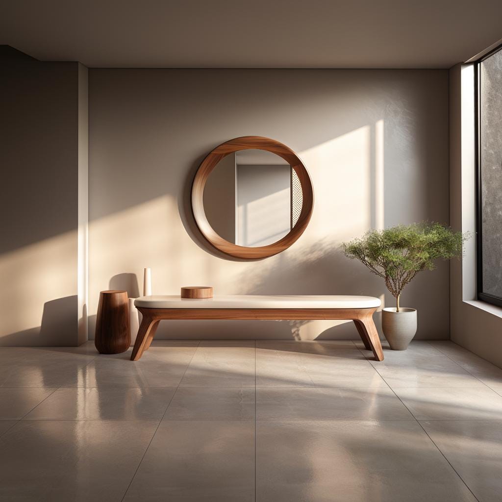 May include: A wooden bench with a white top and a round wooden mirror hanging on a beige wall. A small potted plant is on the right side of the bench.