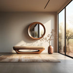 May include: A wooden bench with a curved design and a beige cushion sits in front of a large round mirror with a wooden frame. A dried branch with small brown leaves is in a copper vase on the floor.