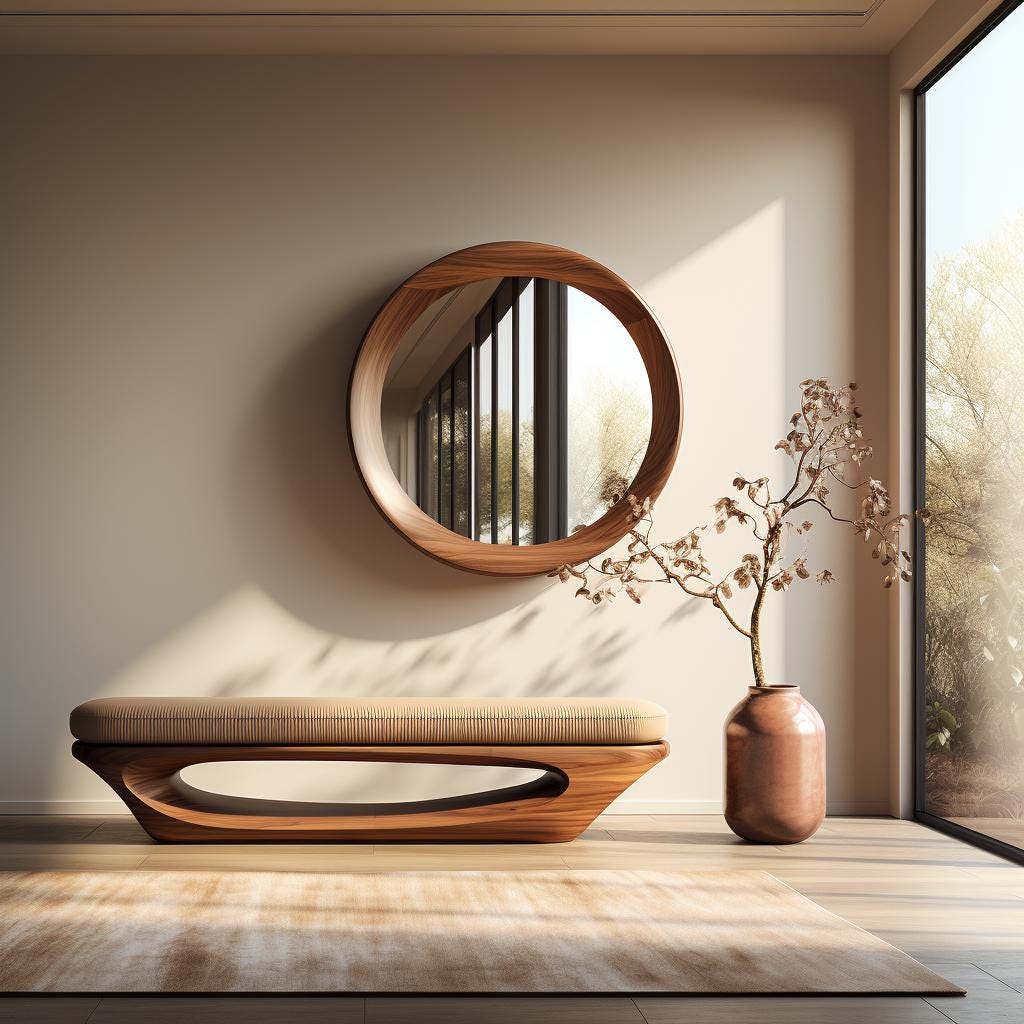 May include: A wooden bench with a curved design and a beige cushion. The bench is in front of a large round mirror with a wooden frame. A vase with dried branches is on the floor next to the bench.