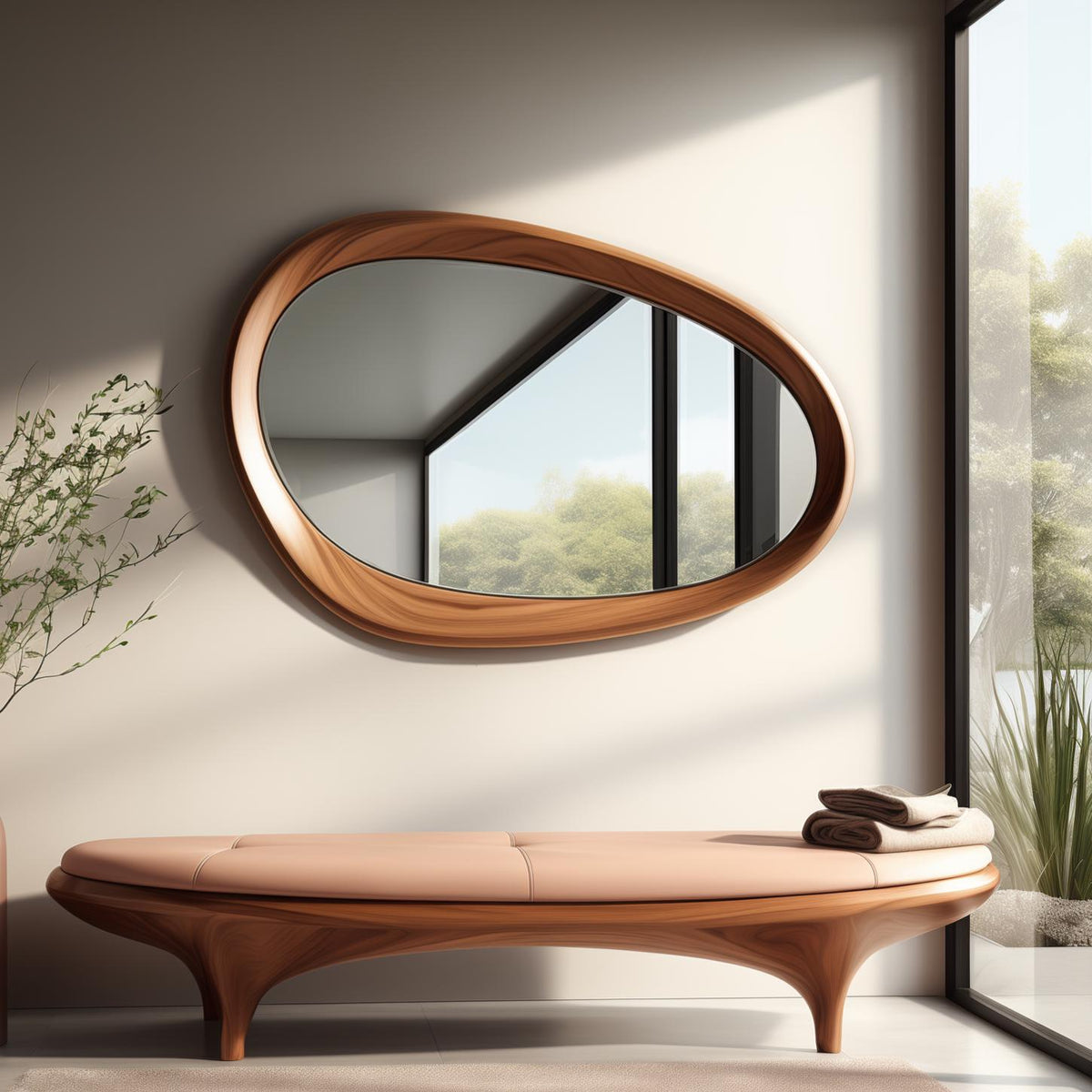 May include: A light pink, curved wooden bench with a unique design. The bench has a smooth, rounded surface and a wide, comfortable seat. The bench is positioned in front of a large, oval-shaped mirror with a wooden frame.