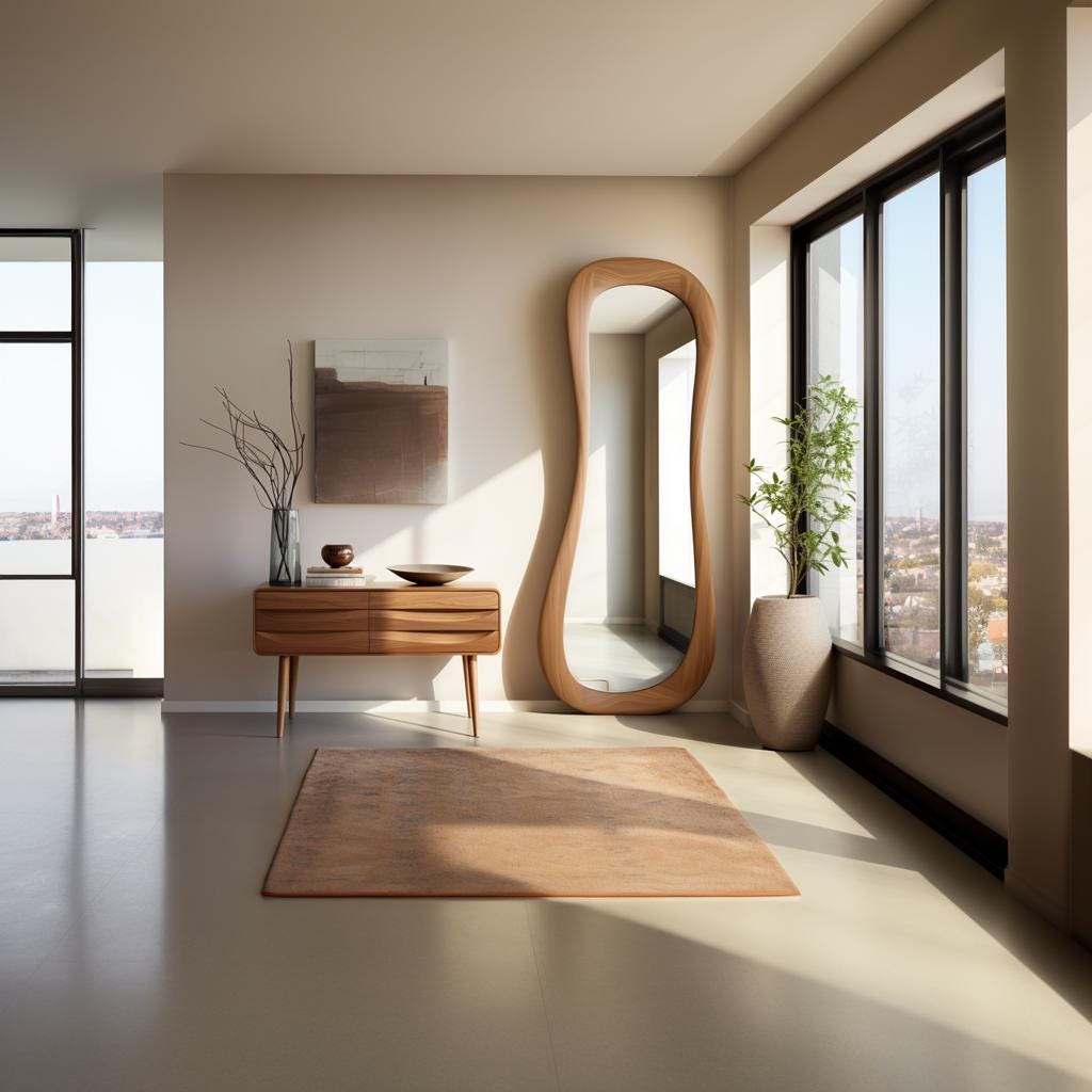 May include: A modern living room with a large, wavy mirror, a wooden console table with drawers, a vase with branches, and a rug. The room has large windows with a view of a city.